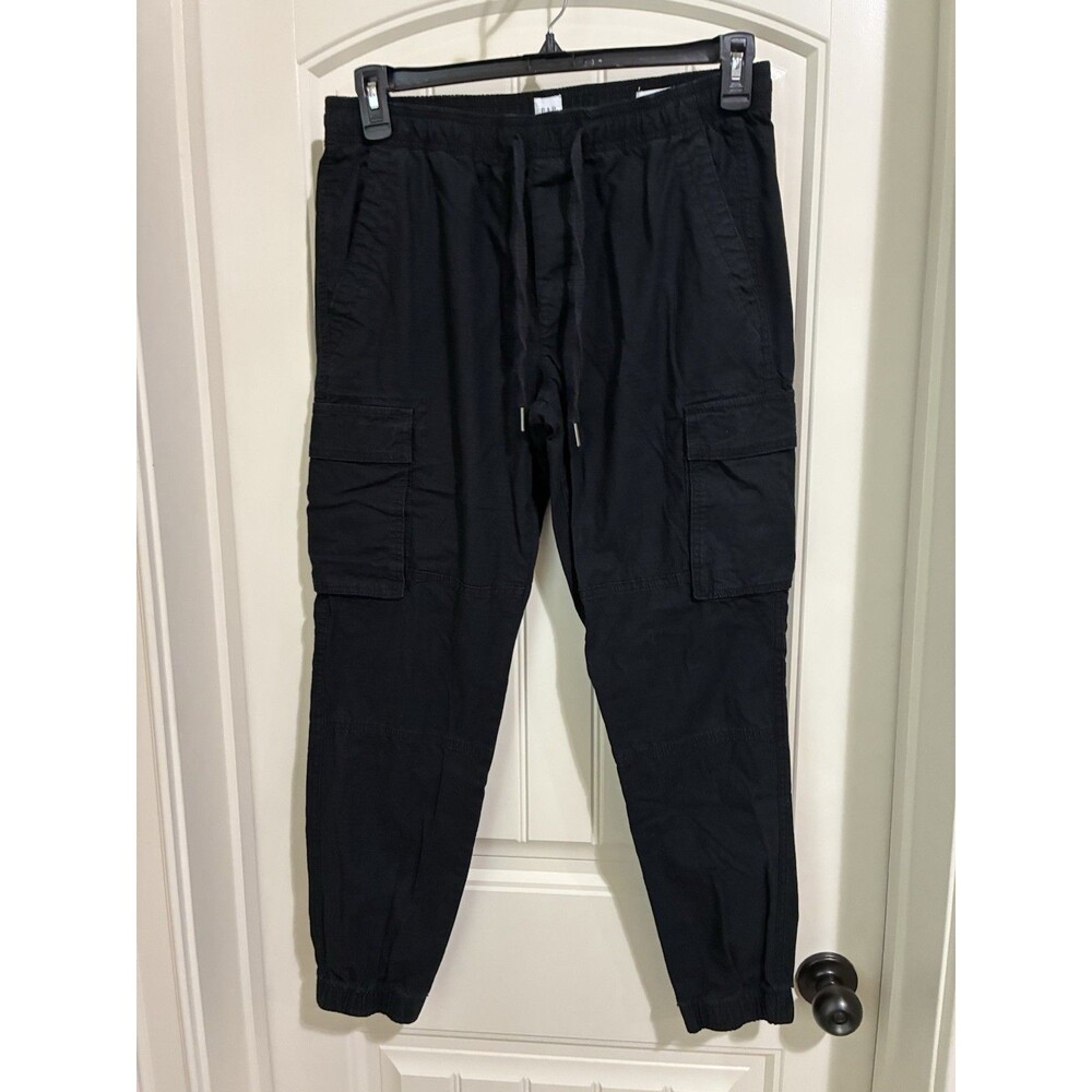 GAP Mens  Size Small Black Cargo Joggers Drawstring Elastic Cuffs